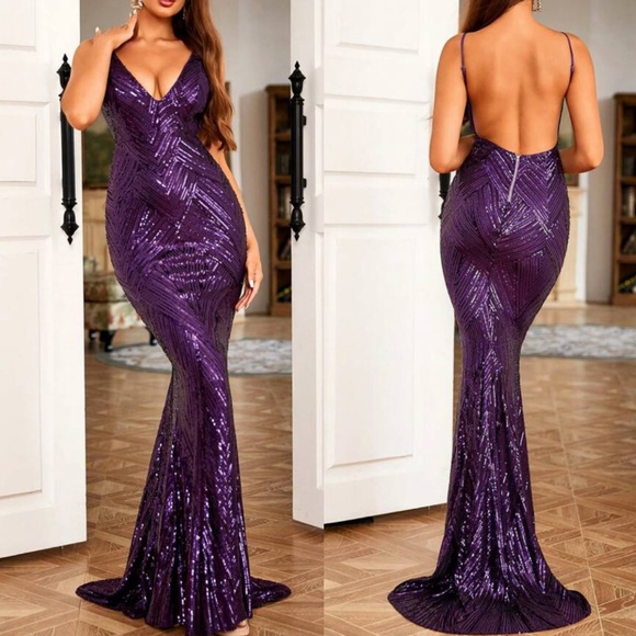 Luxe mermaid hem backless party formal evening sequins gown dress - Picture 1 of 7